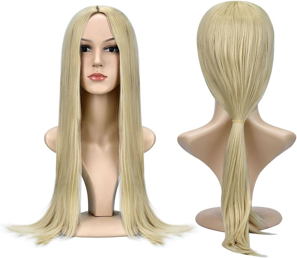 AnotherMe Women’s 27.5 Inches Long Blonde Straight Silky Hair Wig Central Parting Yaki Heat Resistant Synthetic Fiber Cosplay Party Accessories