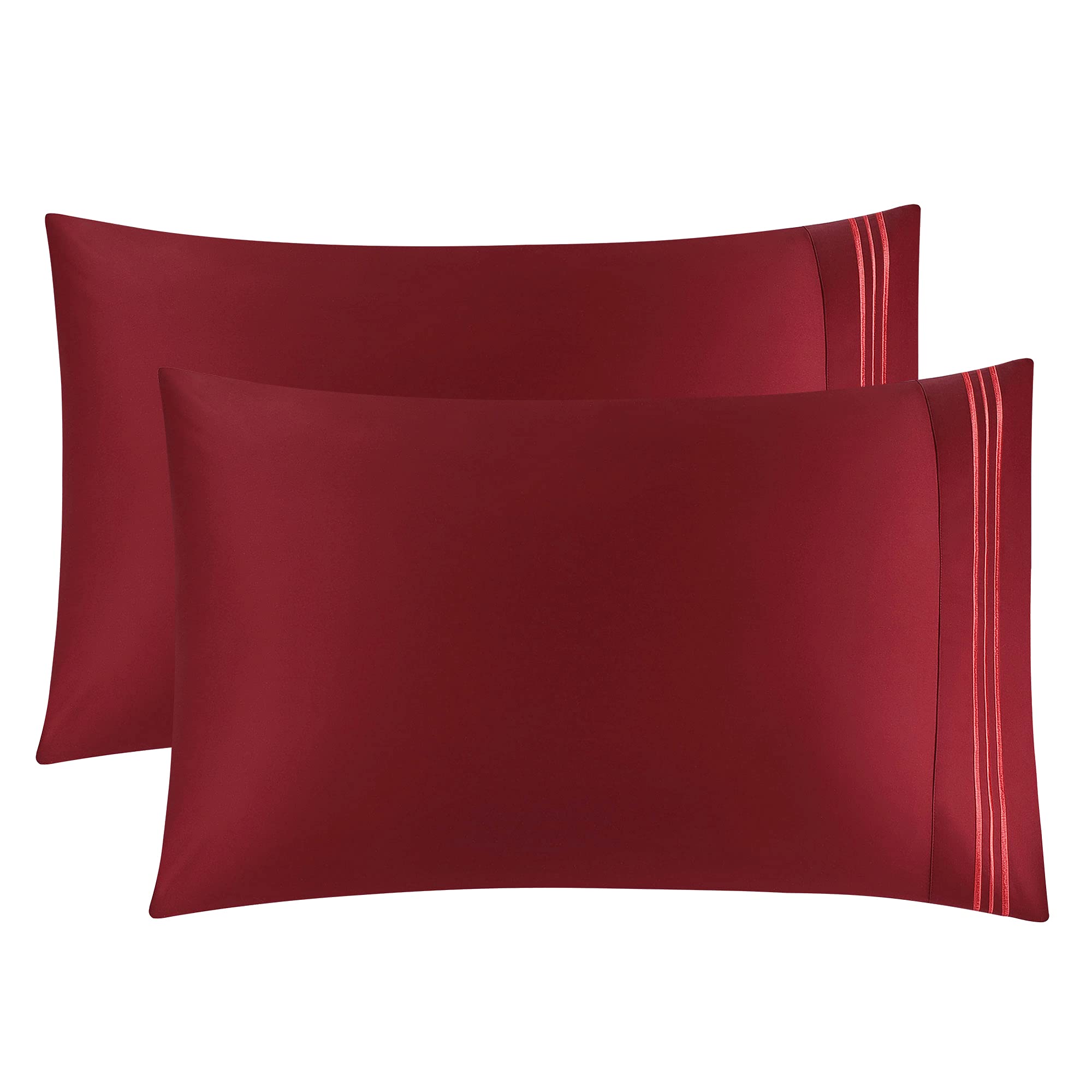 PiccoCasa Pillow Cases 2 Pack, 600 Thread Count 100% Cotton Sateen Weave Pillowcases Embroidered Housewife Plain Pillow Cover Burgundy 50 x 100cm
