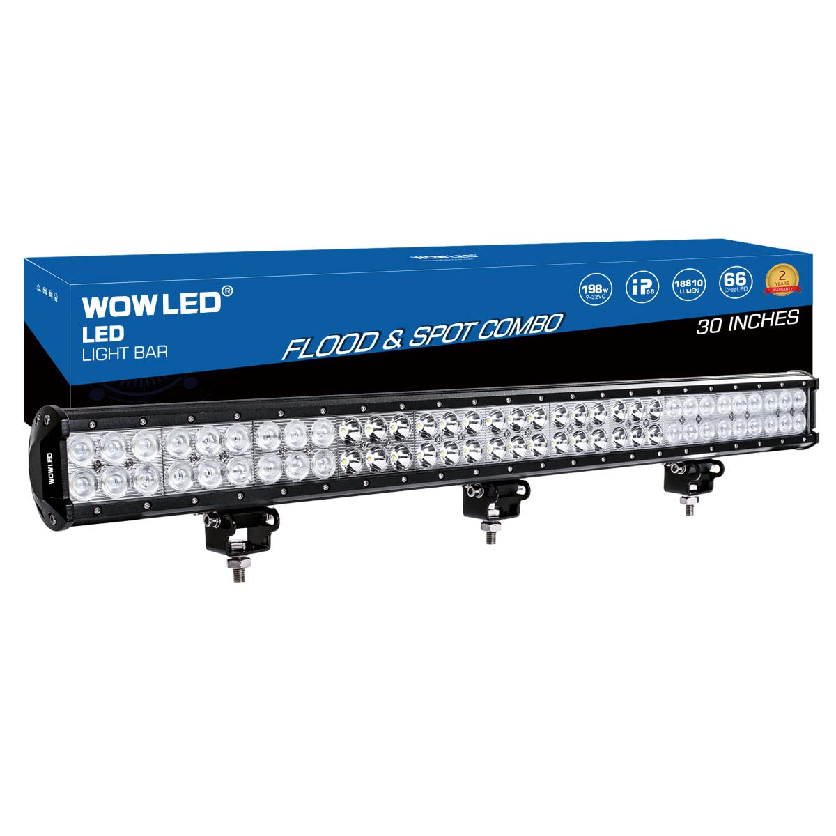 WOWLED 30 Inch 198W LED Light Bar, Spot and Flood Combo Beam Offroad Driving Fog Light Bar Truck Work Bar Lamp with 66 LEDs Double Row for Camp Off-Road Truck 4x4 SUV Boat 12V 24V