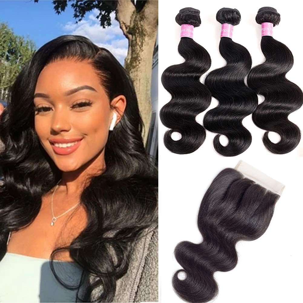 10A Brazilian Body Wave 100% Unprocessed Human Hair 3 Bundles With Closure(14 16 18+12,Three part Natural Color) Body Wave Brazilian Human Hair Bundles With Closure