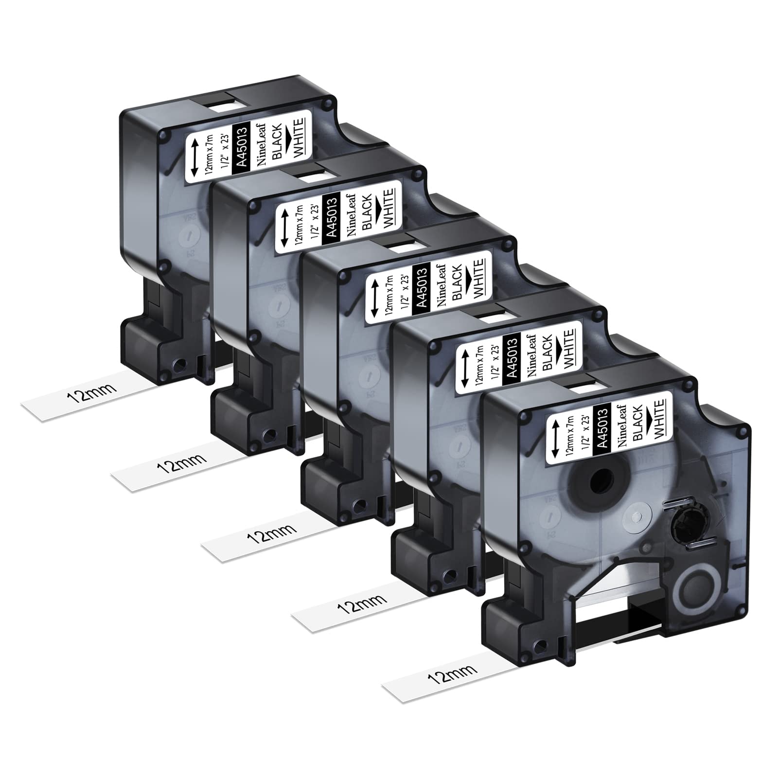 NineLeaf 5 Pack Compatible for Dymo Label Tape 45013 A45013 S0720530 Black on White D1 Tape 12mm x 7m for Dymo Label Maker Refills LabelManager 160 210D 220P 260P 280 360D 420P Labelpoint 150 250