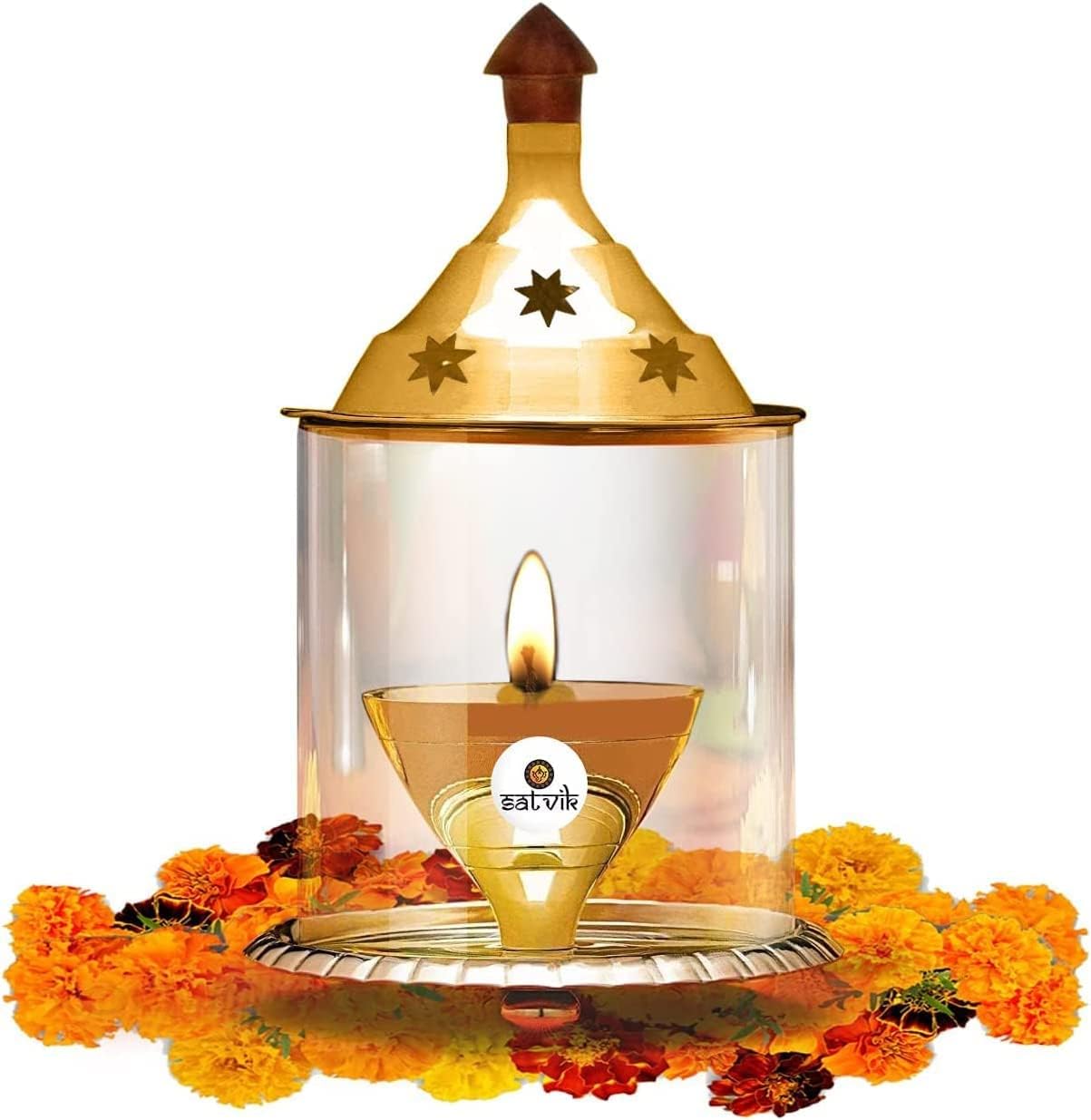 Oil Lamps & Accessories - SATVIK 5.4 Inch (138mm) Akhand Diya with Borosilicate Chimney Glass Diwali Pooja Decoration Decorative Brass Oil Lamp Whole Night Dia for Deepawali.Outdoor Mandir Housewarming Return Gift