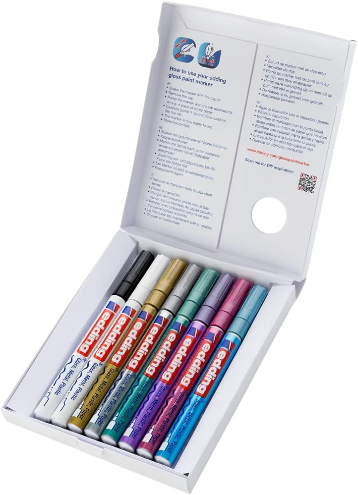 edding 751 gloss paint marker set, black white gold silver blue green violet pink (metallic), 8 pens, round nib 1-2 mm - Image 3