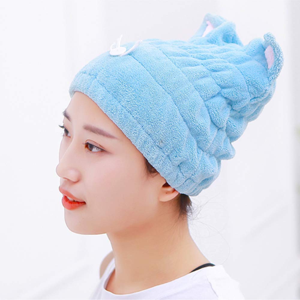 DS-Space Adjustable Microfiber Cute Cartoon Cat Hair Drying Cap Ultra Soft Absorbent Dry Hat Hair Wrap Towel, Reduce Hair Drying Time for Women Adults or Kids Girls (Blue)