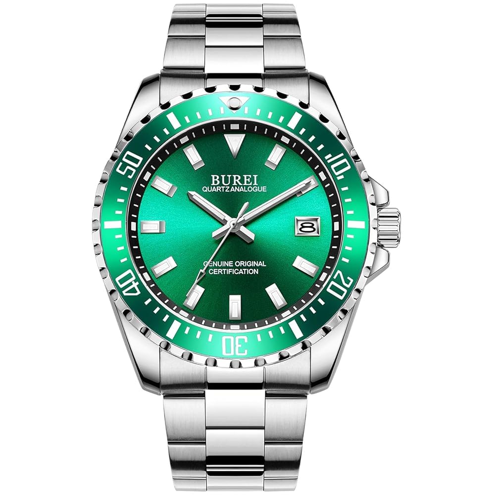 BUREI Men's Watch Silver Stainless Steel Analogue Quartz Classic Business Large Dial Men's Date Gifts Watch for Men(Green)