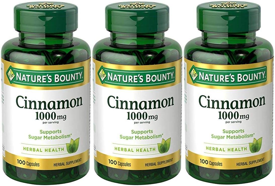 Cinnamon by Nature's Bounty, Herbal Supplement, Supports Sugar Metabolism, 1000mg, 100 Capsules (Pack of 3): Health & Personal Care