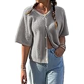 Women Crop Knit Cardigan Casual Short Sleeve Button Down Crewneck Sweater Going Out Tops