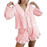 Xfileen Women Fashion 2 Piece Outfit Long Sleeve Tie Front Tops and Ruffled Shorts Cotton Pajamas Sets