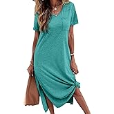 Dyexces Women Summer T Shirt Dress Casual Short Sleeve V Neck Maxi Dresses Loose Side Slit Long Tshirt Dress with Pockets