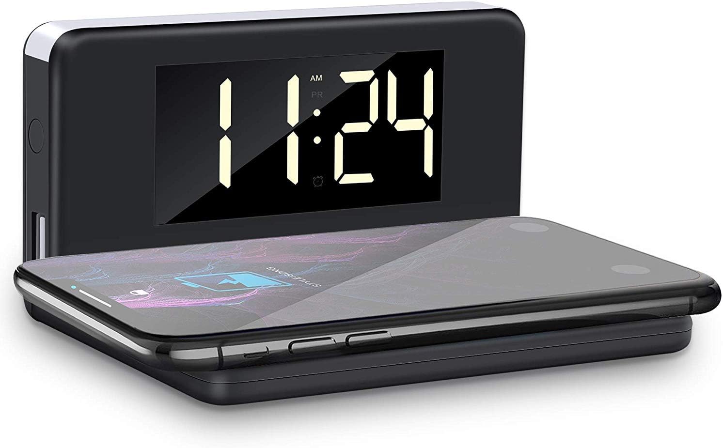 Digital Alarm Clock with Wireless Charger, YPLANG Digital Alarm Clock with Adjustable Brightness, Ringtones, Bedside Alarm Clocks with Snooze for Bedroom, Kitchen, Office