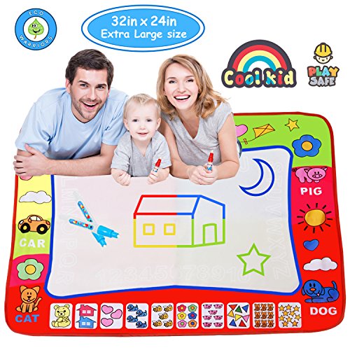 Slook Magic Water Drawing Mat Large Doodle Mat 32x24in Water Drawing Aquadoodle Mat Painting Board Writing Mats With 2 Pens 6 Big Molds Educational Toy Gift for Boys Girls Age 2 3 4 5 Year Toddler