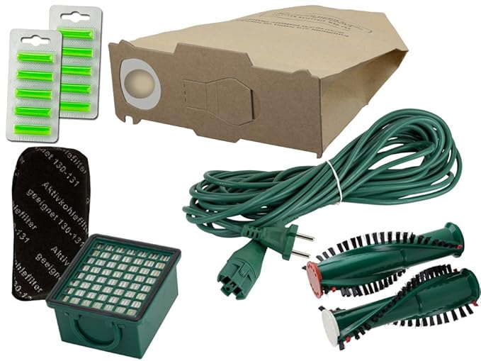 Wamos | 10 Staubsaugerbeutel Filterset Rundbürsten Duft Kabel geeignet für Vorwerk Kobold Vk 130 131 131 Sc Eb 350 351