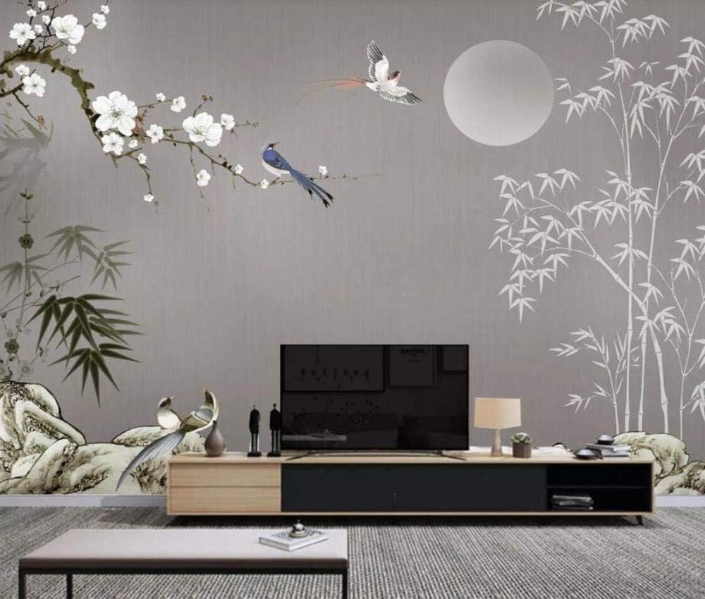 GAOWO Custom 3D Wallpaper Wall Mural(430cmx300cm) Chinese Style Hand-Painted Stone Bamboo Leaves Plum Blossoms Bedroom and Living Room 3D Wallpapers for Wall Decoration