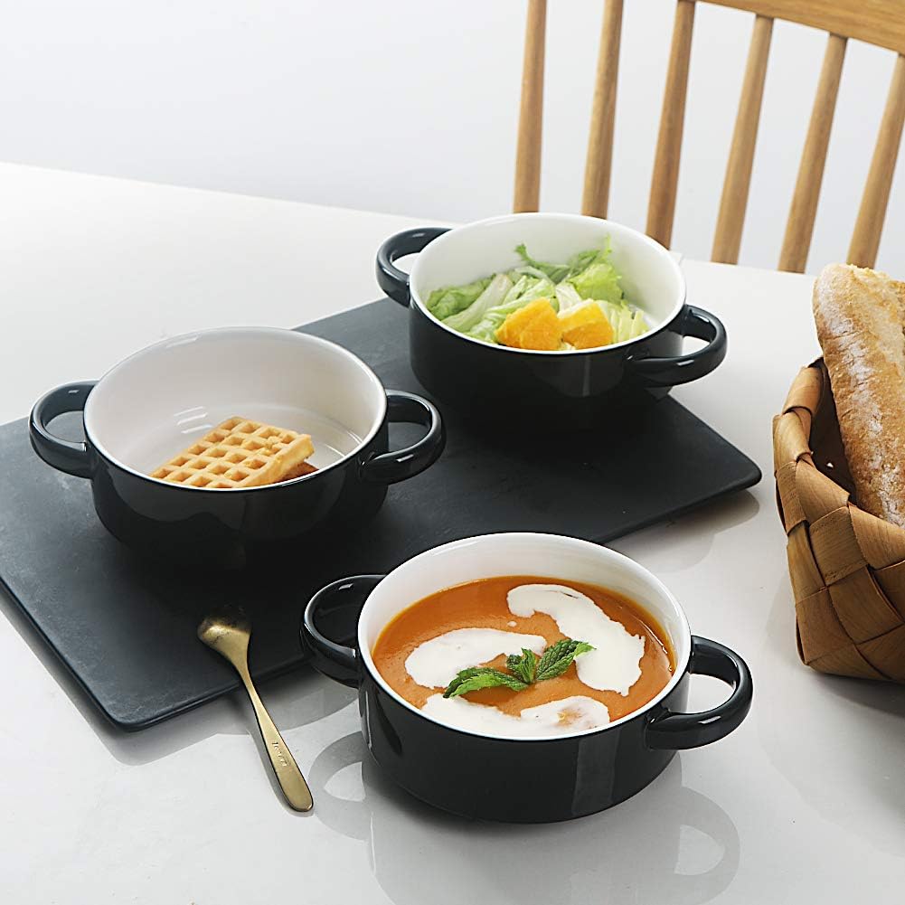  | SWEEJAR Ceramic Soup Bowl with Double Handles, 20 Oz Stacked Bowls for French Onion Soup, Cereal, Pot Pies, Stew, Chill, Pasta, Set of 4 (Black): Soup Bowls