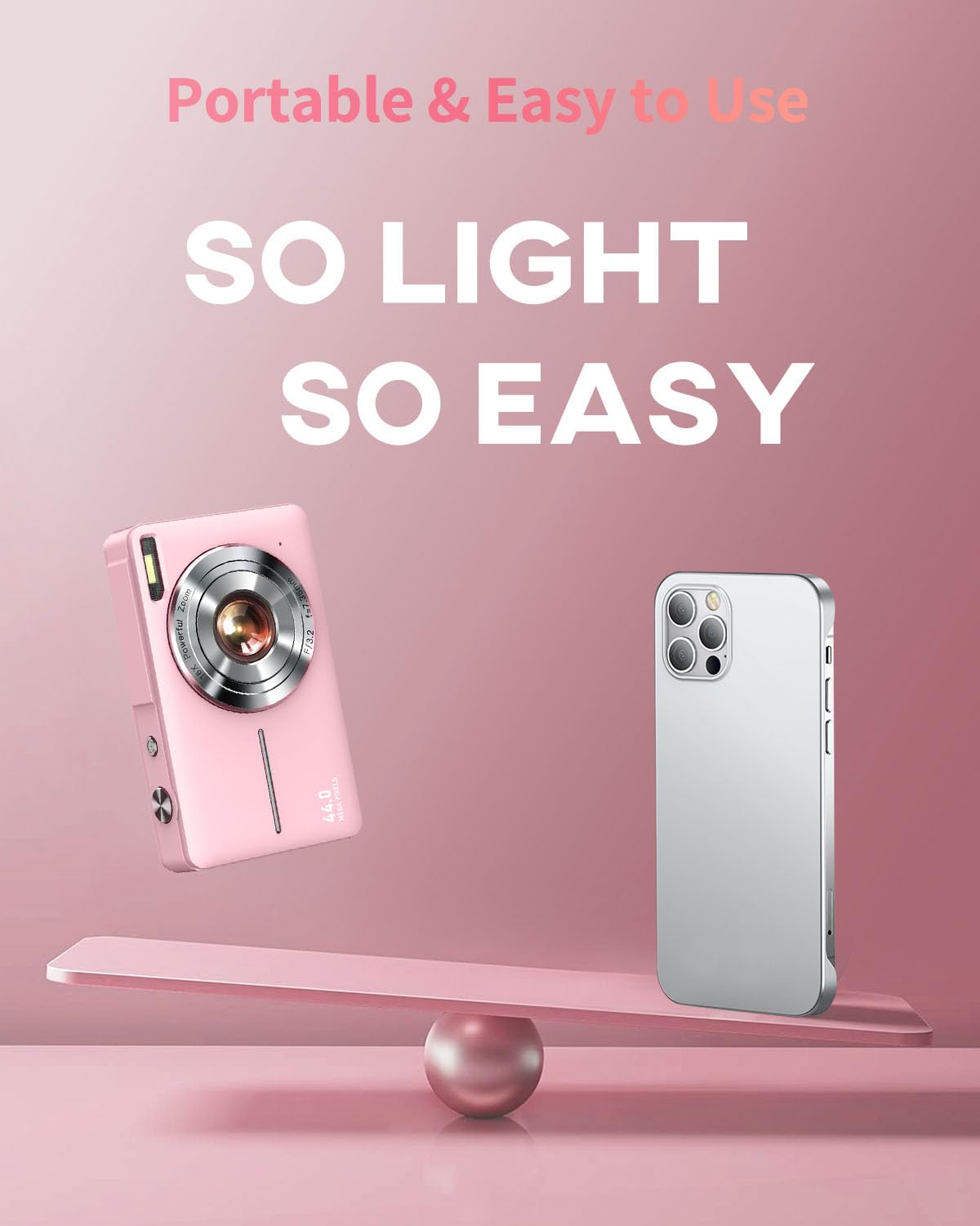 Digital Camera, FHD 1080P Point and Shoot Kids Camera, with 32GB Card, 2 Batteries, 16X Zoom Anti Shake Date Stamp, Compact Portable Small, for Starter Kid Children Teen Student Girl Boy(Pink)