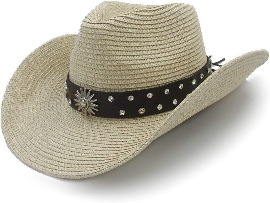 IWGR Men's Straw Western Cowboy Hat For Gentleman Sombrero Caps Witt Fashion Belt (Color : Beige, Size : 56-58cm)
