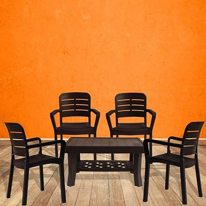 ITALICA Plastic Standard Armchair and Table Furniture Combo (Brown) -Set of 4 Chairs