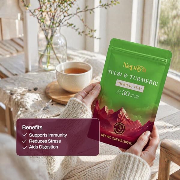 NEPAYA HERBAL TEA BAGS, 50 BIODEGRADABLE PYRAMID TEABAGS, CAFFEINE-FREE TULSI & TURMERIC HERBAL TEA WITH CINNAMON & BLACK PEPPER FLAVORS, FLORAL RELAXATION BLEND, PREMIUM HERBAL TEA BAGS, HOT OR ICED