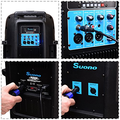 Suono 15" Dual Powered Speakers, 3000W 2-Way Portable Loud Speaker With Stands and Microphone (Active+Passive Speakers + Stands) - Thumbnail 5