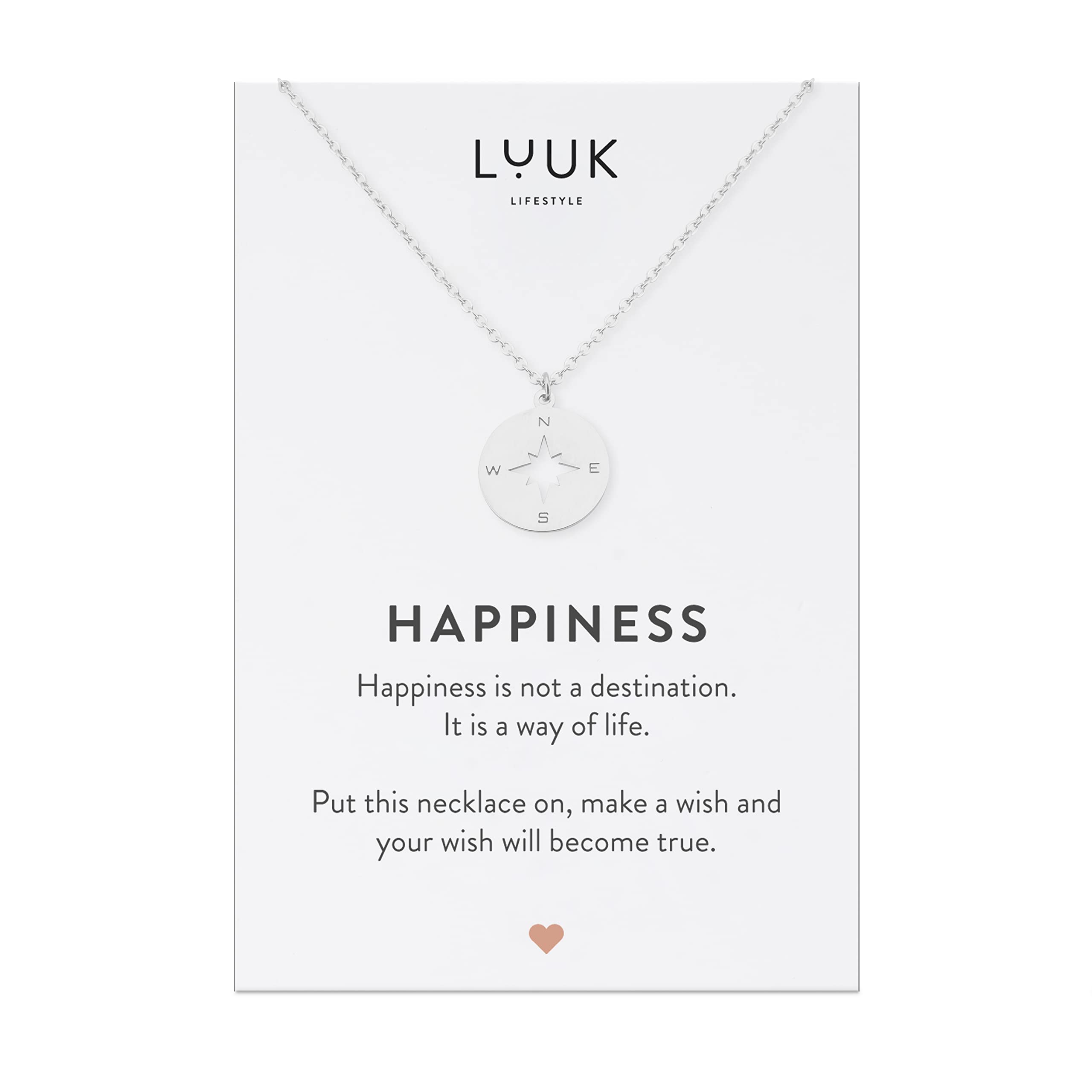 LUUK LIFESTYLE Stainless Steel Pendant Necklace for Women Waterproof Adjustable 50cm Chain Modern Necklace Gift for Her Silver Compass