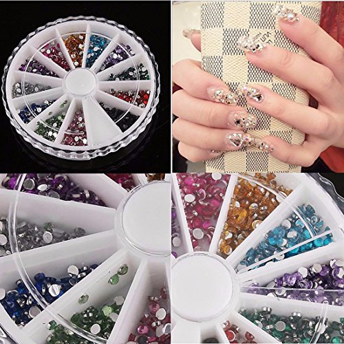 2 Wheels Acrylic Nail Rhinestones kit 12 colors Pearl Nail Art Rhinestones Decor Accessories, 4 Sheets Nail Decal Water Transfer Tattoo Stickers (ADDSET7C)
