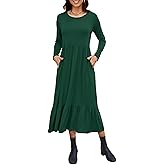 Auhoot Women's Long Sleeve Fall Dress 2026 Spring Crewneck Casual Swing Pleated Tiered Long Maxi Dresses with Pockets