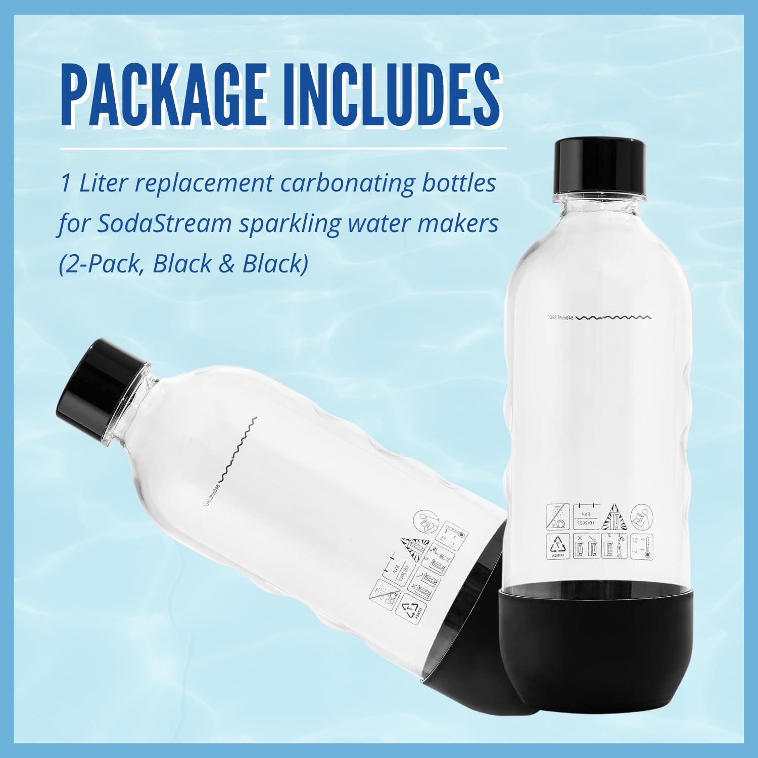 Replacement for SodaStream Bottles Carbonating Sparkling Water Machine 1 Liter (2-Pack, Black)