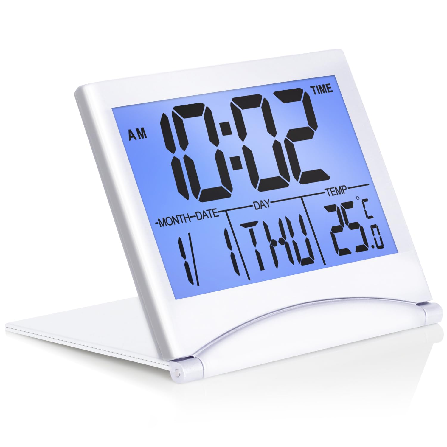 Photo 1 of Betus Digital Travel Alarm Clock with White Backlight - Foldable Calendar Temperature Timer LCD Clock with Snooze Mode - Large Number Display, Battery Operated - Compact Desk Clock for All Ages