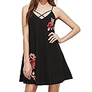 Romwe Women's Summer Sleeveless Loose Casual Floral Embroidered A Line Dress Black L