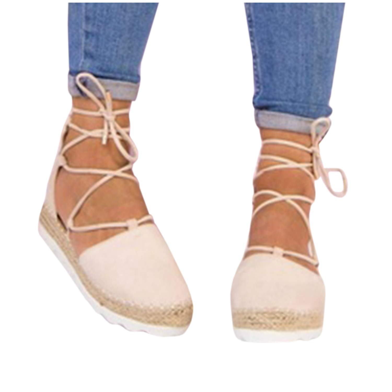 LAICIGO Womens Lace Up Ankle Straps Crisscross Espadrilles Ballet Flatform Closed Toe Cut Out Summer Sandals
