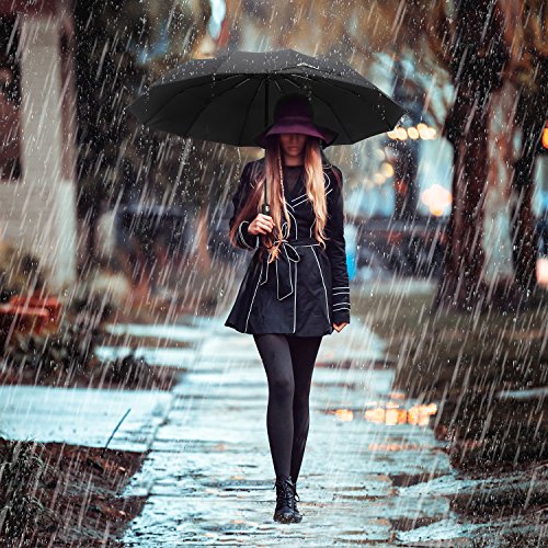 Miserwe Umbrella 12 Ribs with Teflon Coating Umbrella Windproof Lengthened Handle Travel Umbrella with Auto Open Close Button and Free Upscale Leather Cover (Black) - Thumbnail 2
