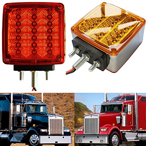 Amak 2X Amber + Red 39-LED Square Pedestal Stud Mount Fender Double Face Stop Turn Signal Tail Lights Lamps for Truck Trailer