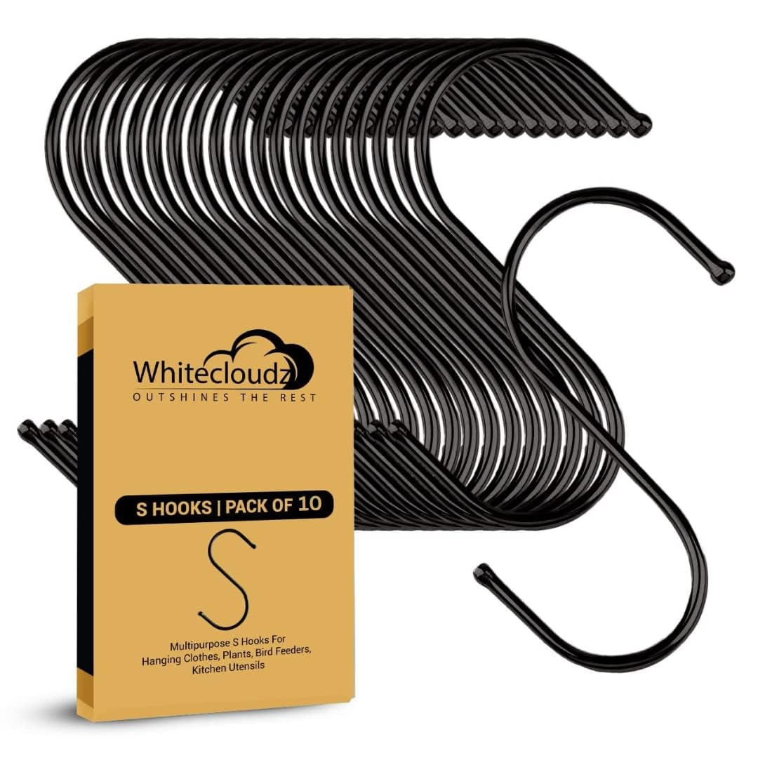 WHITECLOUDZ 10Pack Black Heavy Duty S Hooks for Hanging, Durable Wall Hangings Hooks, Metal Hooks for Hanging Clothes, Kitchen Hooks for Utensils, Ceiling Hooks for hangings Plants,(8.4cm)