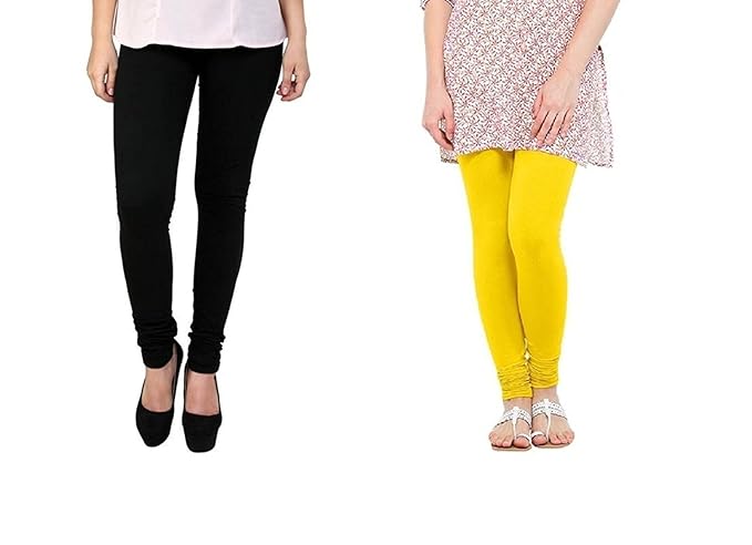 V' Cut Women Leggings 'Cotton' 'Churidar' 'Combo Pack'(BLACK AND YELLOW) By Seona
