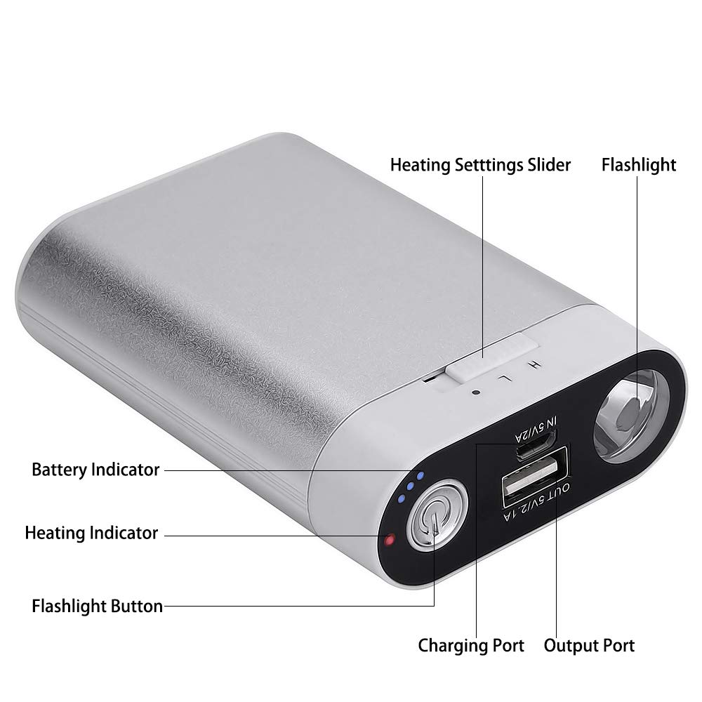 Alfway 7800mah HotPocket Rechargeable Hand Warmers with USB Power Bank and LED Flashlight Lasts 6-7 Hours,Color Silver