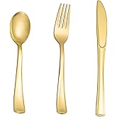 N9R 60PCS Gold Plastic Silverware - Gold Plastic Cutlery Set Disposable Flatware Dinnerware -30 Forks, 15 Spoons, 15 Knives for Party, Thanksgiving, Christmas