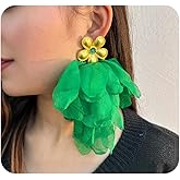 Bohemian Green Big Flower Dangle Earrings for Women,Gold Floral Fabric Petal Tassel Extra Long Dangly Drop Earrings Exaggerated Boho Jewelry