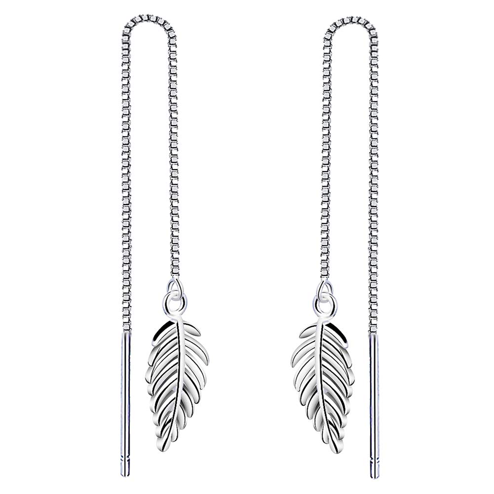 Yaneno 925 Sterling Silver Elegant Pretty Leaf Dangle Threader Pull Through Drop Earrings for Women (White)