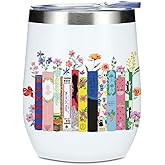 Wine Tumbler, 12 oz Coffee Mug Travel Insulated Cup Vacuum Wine Glass with Lid, Book Lovers Gifts Birthday Christmas Reading Book Accessories Bookish Librarian Gifts for Women Girls Teacher Therapist