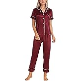 Women's Satin Pajamas Set 2 Piece Pj Set Sleepwear Notch Collar Short Sleeve T-Shirt Button-Down Loungewear with Long Pants