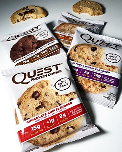 Quest Nutrition Protein Cookie Variety Pack (Chocolate Chip, Double Chocolate, Peanut Butter and Oatmeal Raisin). 15 Grams of Protein, High Fiber, Gluten Free. (12 Count)