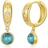 Genuine Huggie Hoop Turquoise Dangle Earrings, Sterling Silver 18K Gold Plated Sun Earrings Jewelry Birthday Gift for Women