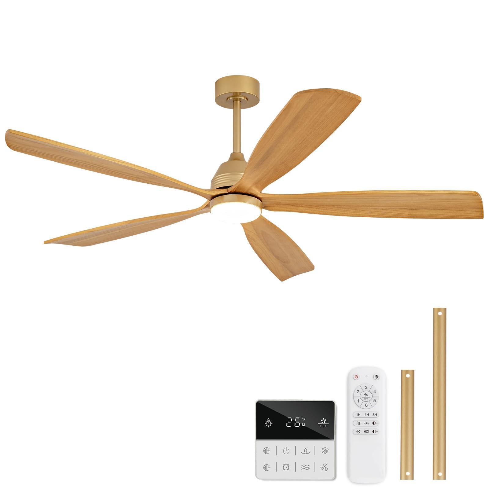 Photo 1 of ** sold as is no refund/return** DELIHUA 60 Inch Ceiling Fans with Lights and Remote, 5 Blades Wood Ceiling Fan with Light, Dimmable, Wall Switch, Reversible DC Motor, Modern Indoor Outdoor Ceiling Fans for Patios Bedroom (Gold)