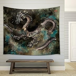 Traditional Ink Painting of a Fierce Chinese Dragon - Fabric Wall Tapestry Home Decor - 51x60 inches