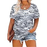 CARCOS Plus Size Tops for Women Button Up Henley Shirts Short Sleeve Summer T-Shirts V/Crewneck Casual Trendy Tunics XL-5XL