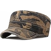Military Flat Top Cap, Washed Cotton Vintage Adjustable Cadet Army Camo Hat, Outdoor Camping Baseball Cap for Men Women