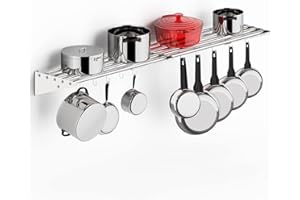 RIEDHOFF Metal Kitchen Rack for Storage and Organization, [NSF Certified] 12" x 60" Stainless Steel Wall Mount Shelf with 10 S Hooks for Hanging Pots, Pans, Cookware in Home and Restaurant