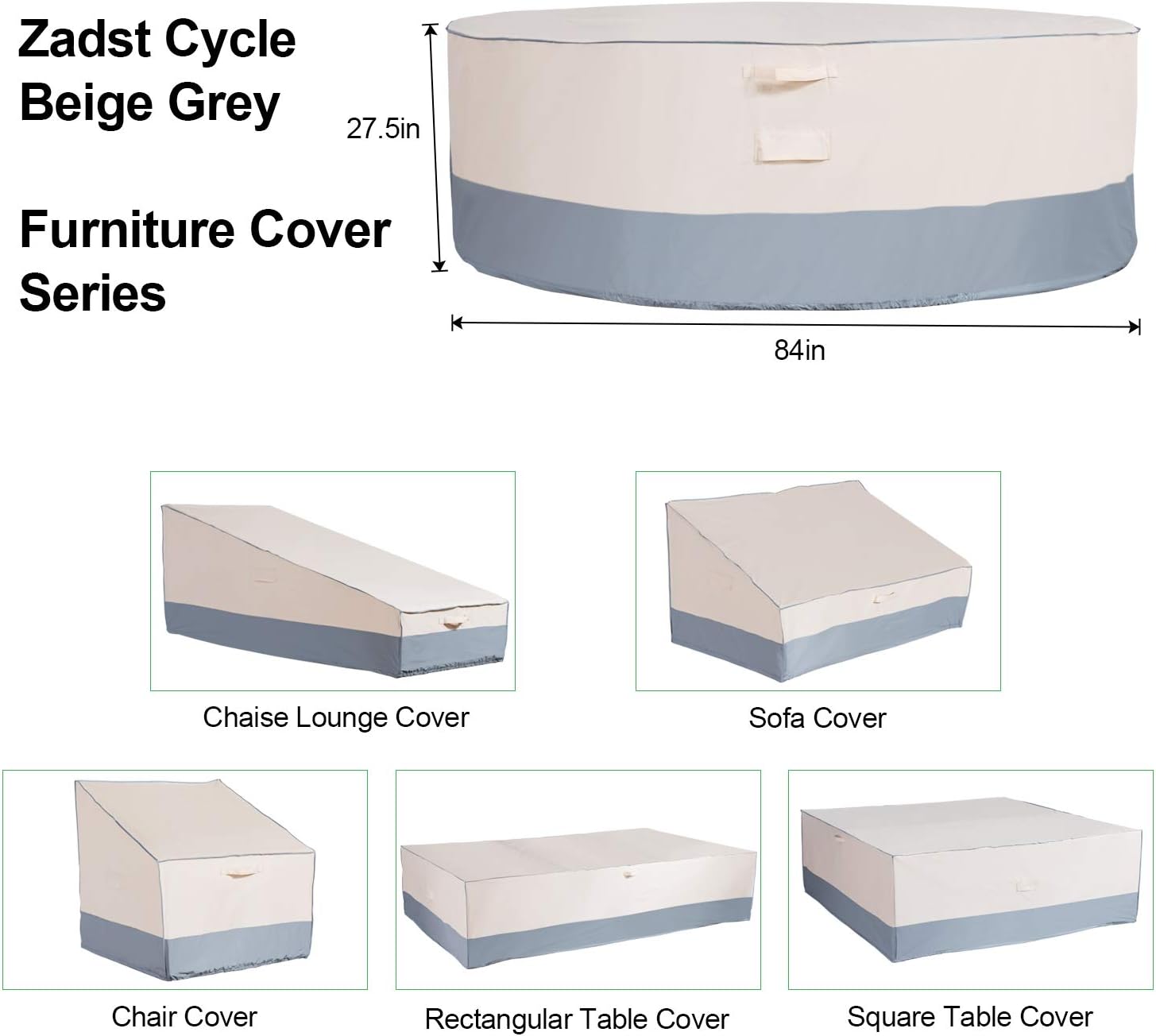 Waterproof Patio Table Cover Heavy-Duty Outdoor Round Picnic Table Cover Beige Grey 84'' X 27.5'' Outside Furniture Cover Dust-Resistant UV-Resistant for Deck, Lawn, Backyard, Zadst Cycle FC-01Rtb : Garden & Outdoor
