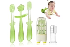 FOKiiBO Baby Silicone Toothbrush Set, Tongue Brush + Finger Toothbrush with Cup for Training Teething, 0-18M Infant Toddler Newborn Baby Teeth Brushes