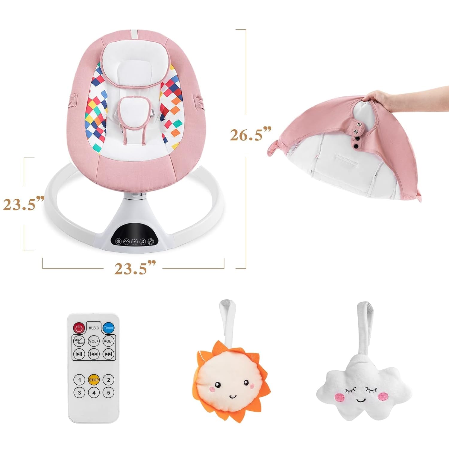 Baby Swing for Infants,Electric Bouncer for Babies,Portable Swing for Baby Boy Girl,Indoor Baby Rocker with 5 Sway Speeds,Music and Bluetooth,Light Pink